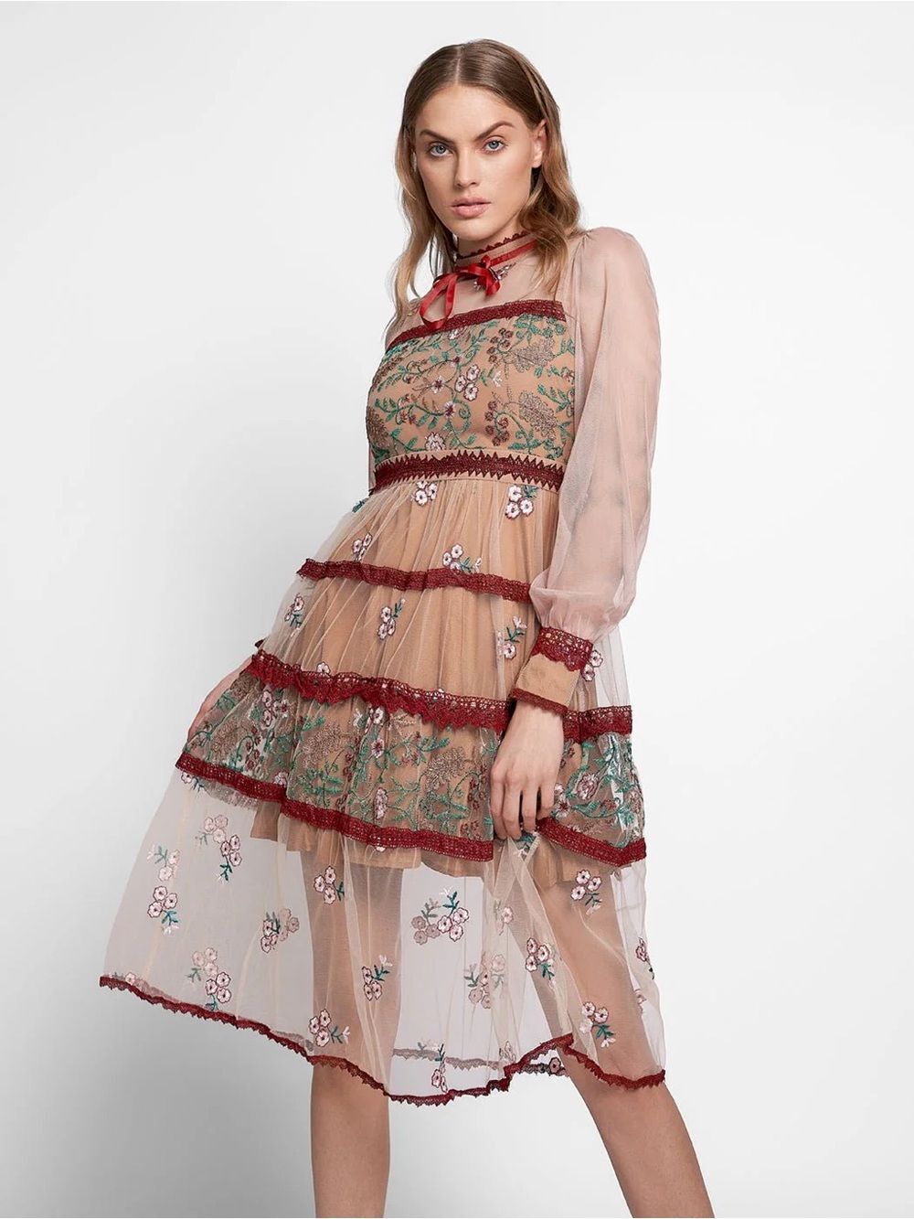 Embroidered Sheer Tiered Midi Dress in Blush with Burgundy Trim Size M